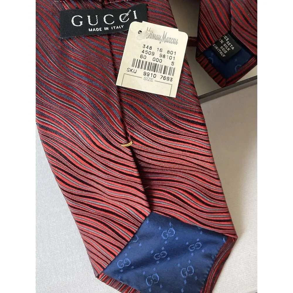 NWT'S Authentic Gucci Silk Necktie 90's Vintage Geo Stripe Red/Black/Blue Italy